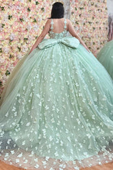 Mint Green Quinceanera Dress Off-Shoulder Ball Gown with 3D Butterflies & Bow Detail for Sweet 16 & Birthday Parties